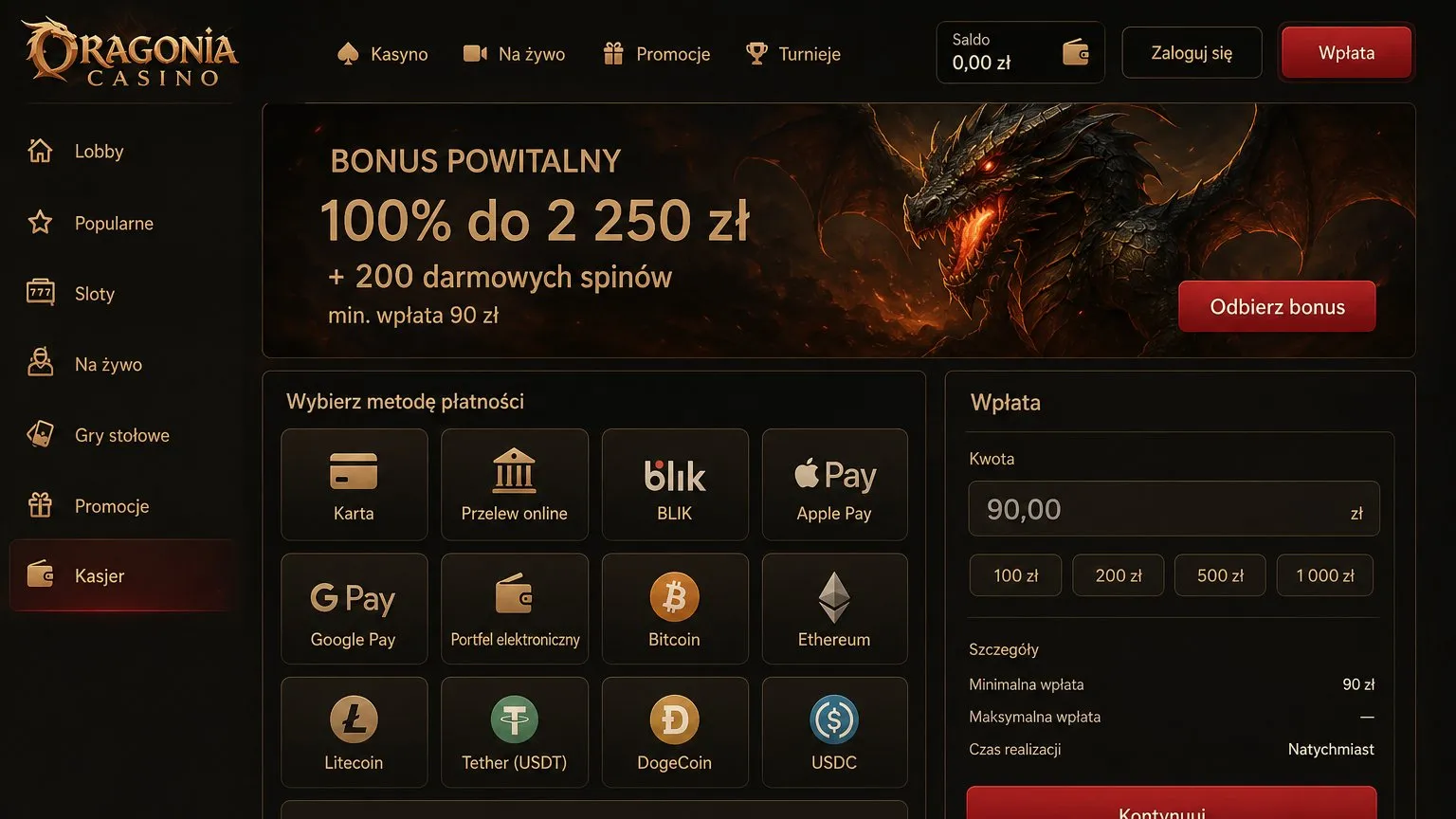 Metody płatności w Dragonia Casino Polska